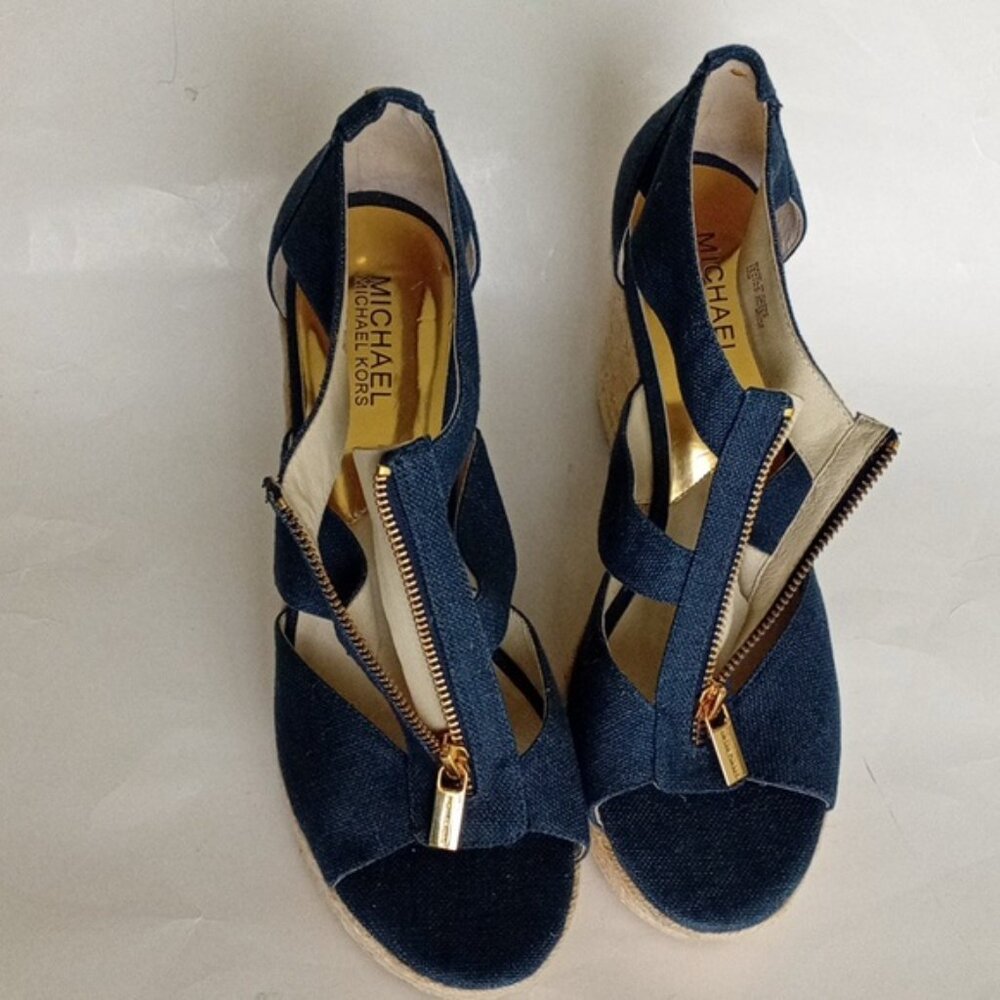 MICHAEL Michael Kors Blue Wedge Espadrille Sandals Gold Zipper Size 10M - Picture 5 of 17